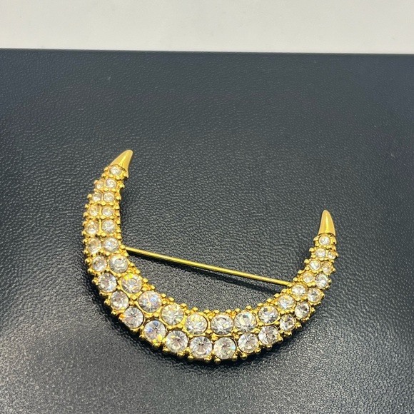 Swarovski gold tone clear rhinestone crescent moon brooch pin